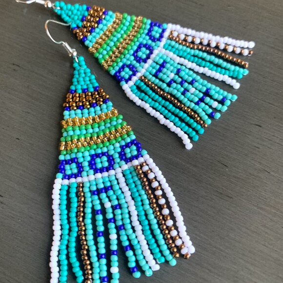 Teal Multicolor Ethnic Design Seed Bead Hand Beaded Tassel Dangle Earrings New - Picture 1 of 4